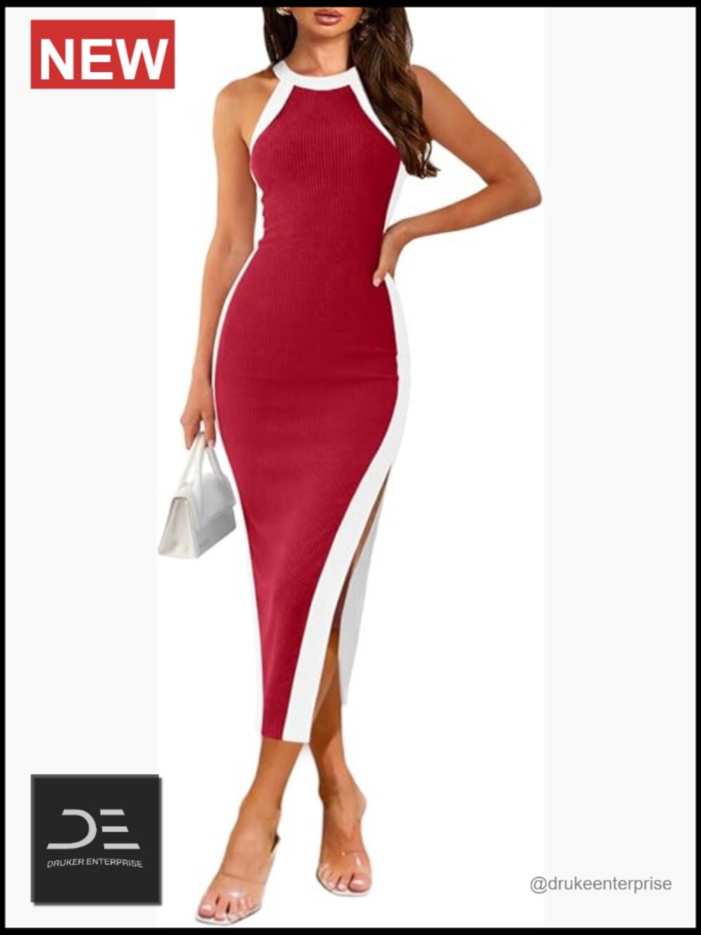 Sleeveless Halter Ribbed Knit Bodycon Midi Slit Night Out Dress